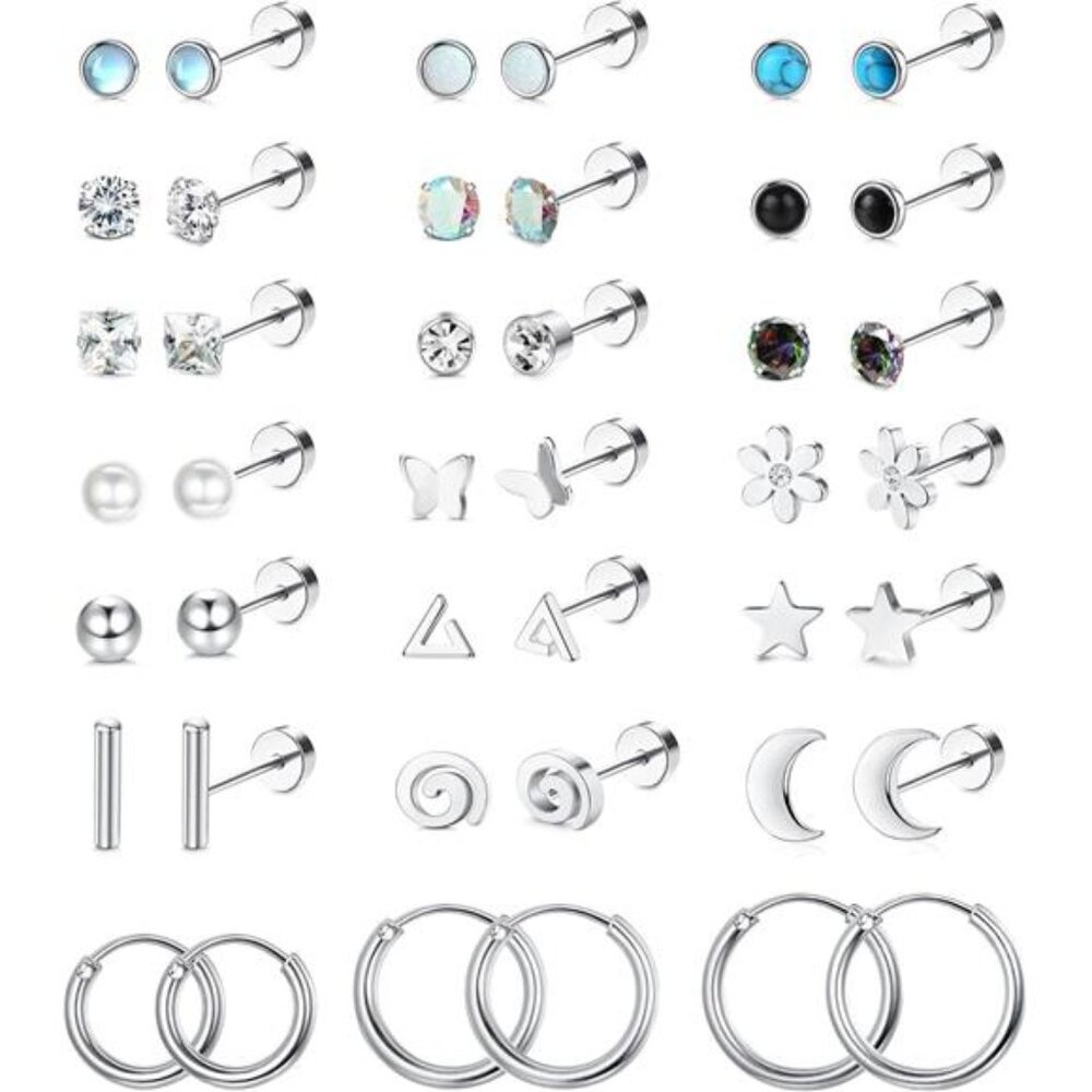 21Pairs Surgical Steel Flat Back Earrings Hypoallergenic 20G Screw Back Nap